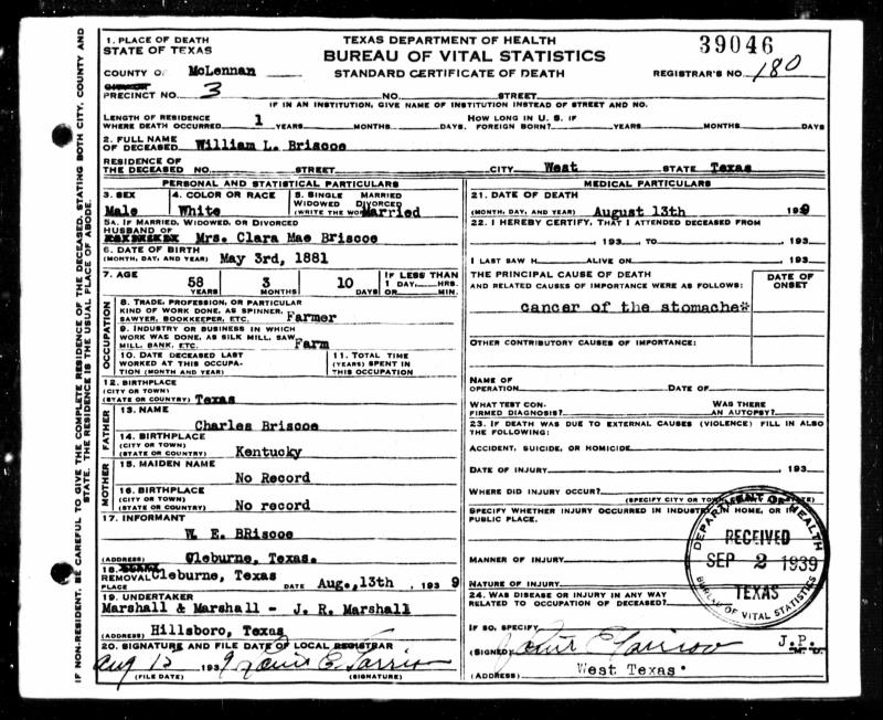 Texas, Death Certificates, 19031982
